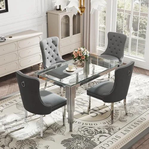Vista 21 de Juego de mesa de comedor de cristal de 5 piezas para 4, mesa de cocina cuadrada de 37 pulgadas con 4 sillas tapizadas de terciopelo negro, mesa