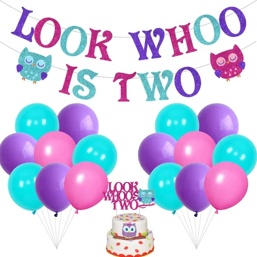 Vista 7 de Decoraciones de fiesta de primer cumpleaños de búho de dibujos animados para niños y niñas con Look Who's Turning One, globo de látex, decoración