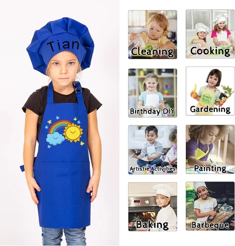 Vista 7 de Delantal personalizado para niños y sombrero de chef, delantal personalizado para niños con nombre, delantal de pintura personalizado, para cocinar
