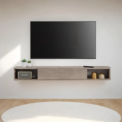 Vista 8 de Estante flotante para TV, armario de TV montado en la pared de 48 pulgadas, estantes flotantes con puerta, centro de consola multimedia