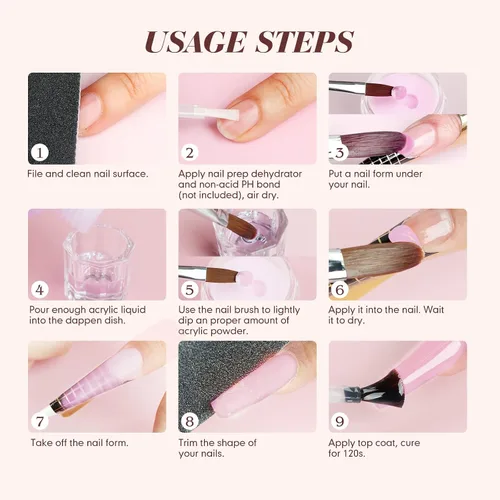 Vista 7 de Saviland Kit de iniciación de uñas acrílicas: polvo y líquido acrílico rosa claro nude, cepillo, limas, formularios, uñas a presión, juego