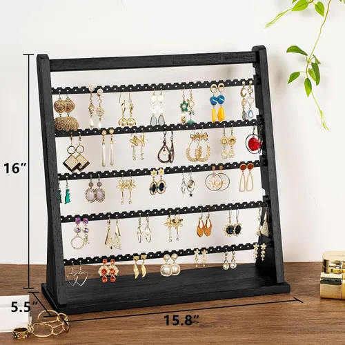 Vista 6 de Poyilooo Soporte organizador de aretes, estante de madera rústica para aretes, organizador de joyas de 5 capas con 270 agujeros de árbol para aretes