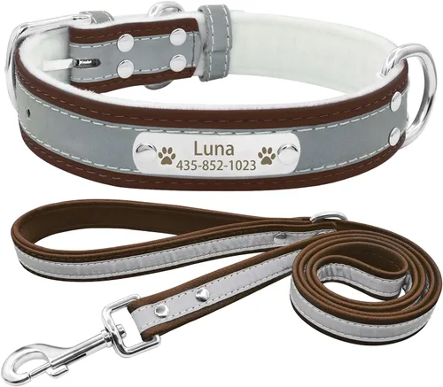Vista 11 de Collar de perro de cuero reflectante personalizado con forro cálido, collar de perro personalizado con placa de nombre grabada para perros y gatos