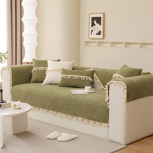 Vista 3 de vctops Funda de sofá bohemia con borlas con pompones, funda de sofá modular de pana súper suave, antideslizante, lavable, protector de muebles Verde
