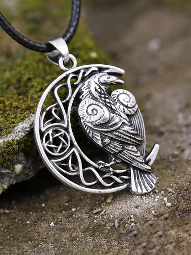 Vista 3 de HAQUIL Raven Collar Dije de cuervo celta vikingo Wicca Cordón de piel sintética, aleación, 2