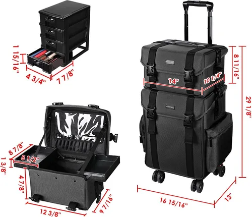 Vista 10 de Estuche con rueditas AW 2 en 1 para maquillaje, ligero, color negro, de tela oxford, 15x11x25 pulgadas, bolsa para cosméticos con cajones