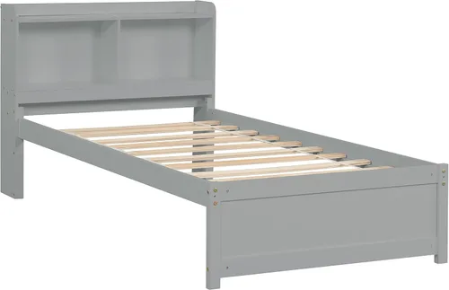 Vista 7 de Base de cama de tamaño individual con nido y cabecera de almacenamiento, plataforma de madera con soporte de listones resistentes, para dormitorio