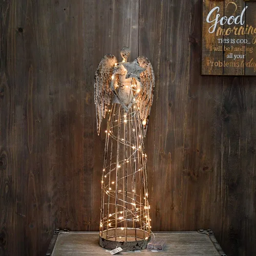 Vista 2 de Y&K Decor - Estatua de ángel de metal envejecido para jardín, patio, césped, patio, decoración de interiores y exteriores, Navidad (25.5 pulgadas)