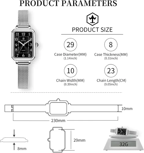 Vista 3 de Reloj cuadrado para mujer, pulsera de malla de acero inoxidable, rectangular, reloj de vestir para mujer, reloj de pulsera analógico de cuarzo