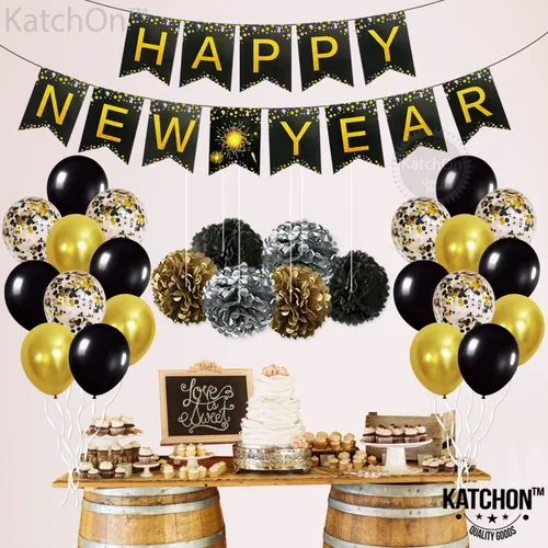 Vista 6 de KatchOn, Suministros para fiestas de Año Nuevo 2026 – Paquete de 34 Cartel de feliz año nuevo de 10 pies con pompones Fondo negro y dorado