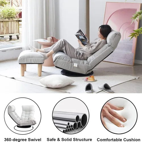 Vista 3 de Silla giratoria de 360 grados para juegos, silla de piso plegable con respaldo ajustable, tumbona acolchada para interiores con taburete, sofá