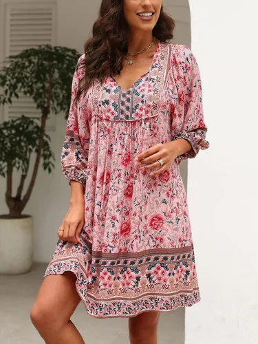 Vista 3 de Qearal Vestido corto de verano para mujer, estilo casual, cuello en V, manga 34, estampado floral, estilo bohemio, suelto, corto, para playa