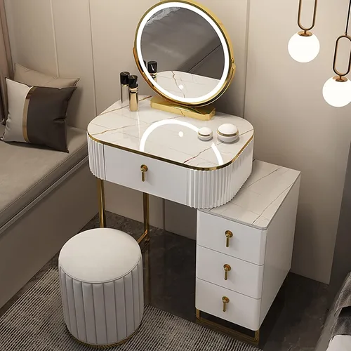 Vista 12 de Juego de mesa de tocador de maquillaje con 3 modos, espejo iluminado ajustable, 5 cajones, mesa de maquillaje con taburete acolchado suave, tocador