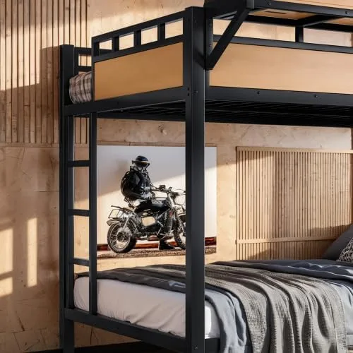 Vista 7 de Bellemave Litera de tamaño matrimonial con estantes de almacenamiento y tablero de clavijas, marco de cama de metal con puertos USB y luces LED
