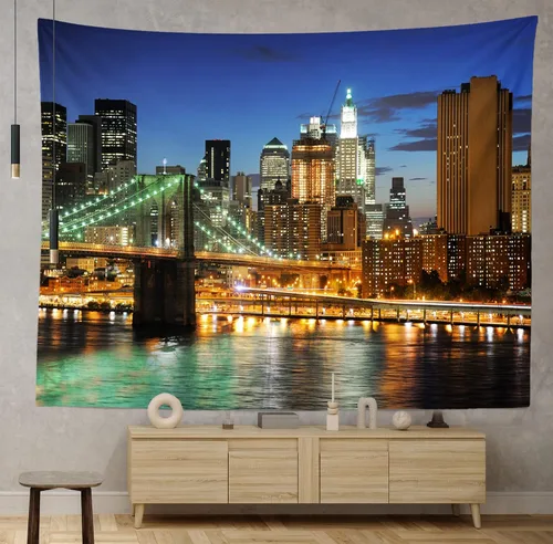 Vista 5 de Loccor Tapiz de la ciudad de Nueva York, puente de Brooklyn, Manhattan, horizonte nocturno, río Hudson, tapiz de pared de rascacielos urbano