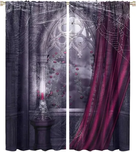 Vista 41 de Cortinas opacas góticas, diseño de calavera de terror de palacio retro, fondo de rosas rojas, sala de estar, dormitorio, cocina, cortinas de ventana