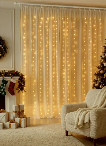 Vista 7 de Brightown - Cadena de luces de cortina con 300 LED, 3 mt de luces colgantes de hadas con control remoto, 8 modos, luces impermeables para ventanas