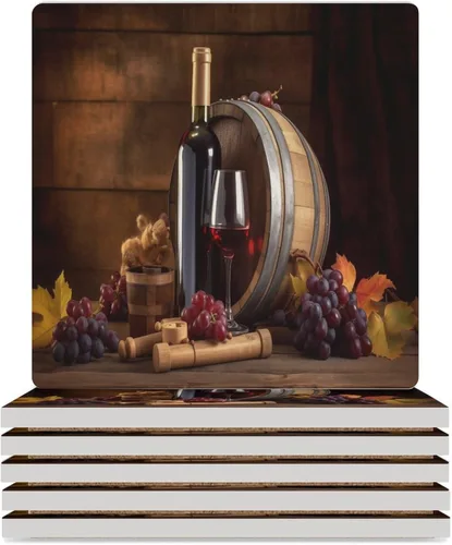 Vista 53 de 4 posavasos de vino tinto, cuadrados y modernos posavasos absorbentes de cerámica, estilo de pintura al óleo, vintage, vino tinto, uvas, rosa