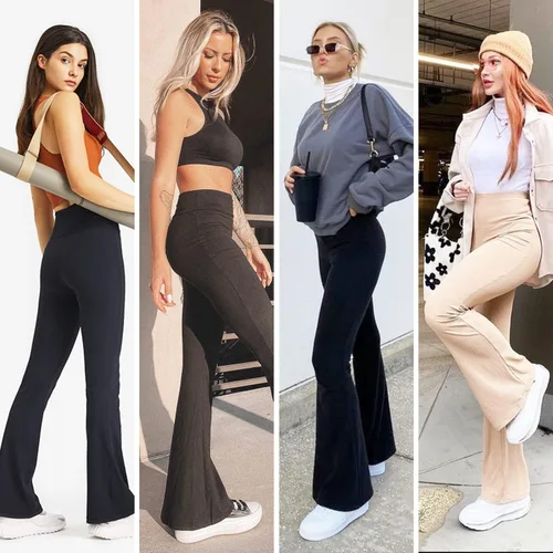 Vista 2 de MOREFEEL Pantalones de yoga negros acampanados para mujer, leggings de cintura alta suaves con corte de bota