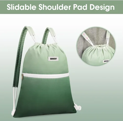 Vista 2 de WANDF Mochila deportiva con cordón, bolsa de gimnasio con hombreras, resistente al agua, bolsa de cincha para mujeres y hombres, Verde