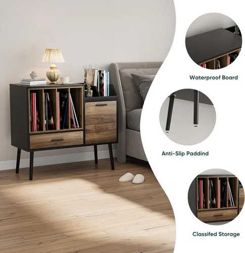 Vista 4 de Soporte para tocadiscos con almacenamiento de discos de vinilo, soporte para tocadiscos con armario de almacenamiento con capacidad para hasta 250