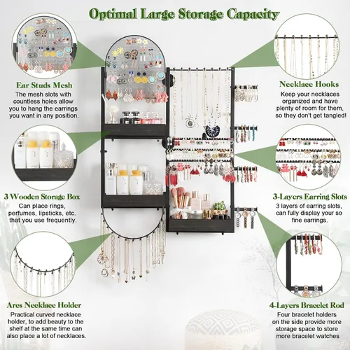 Vista 2 de Keebofly Organizador de joyas colgante de montaje en pared, soporte de exhibición grande para aretes, anillos, collares, pulseras, relojes y Negro