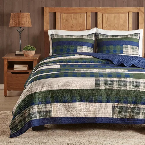 Vista 21 de Woolrich - Juego de edredón reversible de algodón, estilo cabaña invertido a color sólido, colcha ligera de retazos para todas las estaciones
