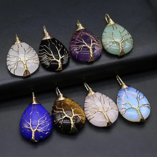 Vista 2 de 4 colgantes de piedra natural con forma de gota de agua al azar, cristal curativo, ágata de árbol de la vida, dijes para hacer joyas, collares