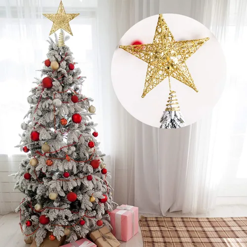 Vista 3 de Adorno de estrella de 10" para árbol de Navidad, decoración dorada para árbol de Navidad, decoración para fiestas en interiores y hogar (dorado)