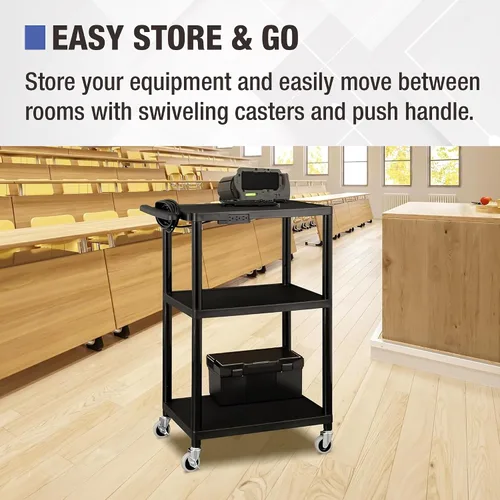 Vista 4 de Muebles Norwood Comercial NOR-OUG1042-SO, altura adjustable, móvil carrito utilitario de plástico AV negro con banda de alimentación