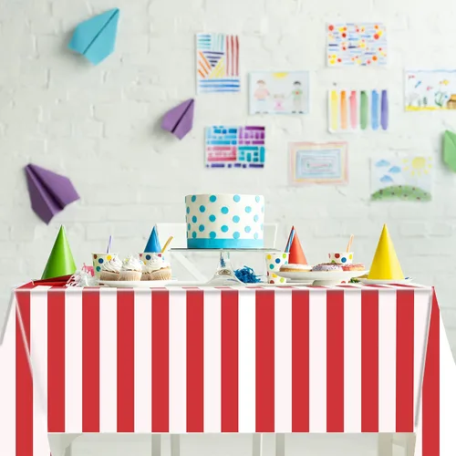 Vista 6 de peony man Mantel de plástico a rayas rojas y blancas, mantel rectangular impermeable para carnaval y circo, para decoración de días festivos