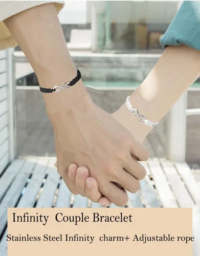 Vista 3 de RINHOO Forever Lovers - Juego de 2 pulseras de acero inoxidable con infinitos, cuerda trenzada de cuero, pulsera de muñeca ajustable de 7 a 9