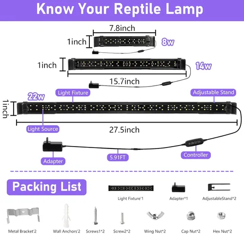 Vista 6 de Lámpara LED UVA UVB para reptiles, 12.0/10.0/5.0 UVB para reptiles de dragón barbudo, con 4 modos UV, atenuación de 10 niveles 6500K y temporizador