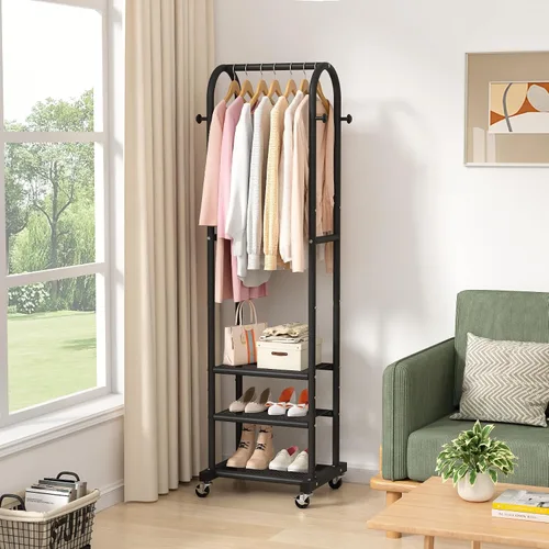 Vista 2 de Kaitiemoo Perchero de ropa resistente con ruedas, moderno perchero con 3 estantes de metal, estante de exhibición de 71.8 pulgadas para colgar ropa