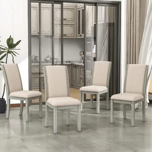 Vista 5 de Juego de mesa de comedor extensible rústica de 5 piezas con hojas caídas y 4 sillas de comedor tapizadas, mesa de madera maciza para comedor