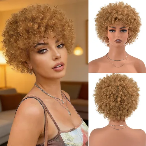 Vista 26 de Vitorish Peluca corta afro rizada con flequillo para mujeres negras, peluca sintética resistente al calor, color negro natural, para uso diario