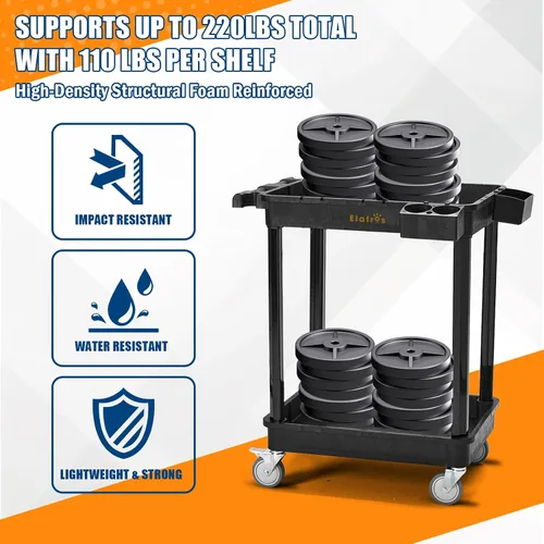 Vista 6 de ELAFROS Carrito Utilitario de 2 Estantes para Trabajo Pesado, 28 x 19 pulgadas, capacidad de 330 libras, plástico industrial, ruedas giratorias