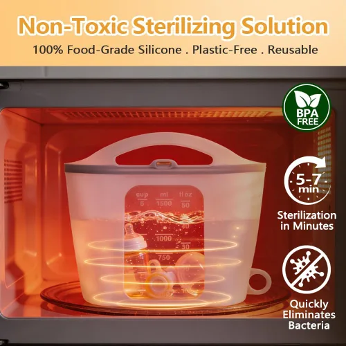 Vista 3 de Bolsa esterilizadora de vapor de silicona para microondas, bolsas reutilizables de 50.7 fl oz para biberones, extractor de leche, chupetes