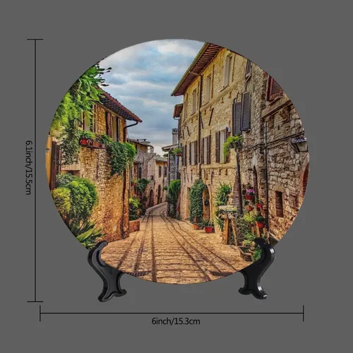Vista 3 de Plato decorativo colgante de cerámica con temática de paisaje, plato decorativo redondo de plantas en maceta, con soporte decorativo, para sala