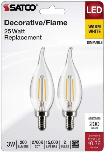Vista 2 de Satco S21839-Bombilla LED CA10 de 3 W, transparente, base de candelabro, 2700 K, (1) 2 paquetes