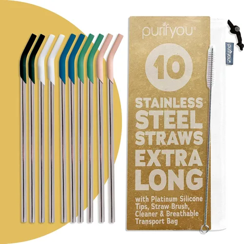 Vista 10 de purifyou Pajitas de acero inoxidable extra largas de 14.5 pulgadas con puntas de silicona, popotes de metal reutilizables para vasos, licuados