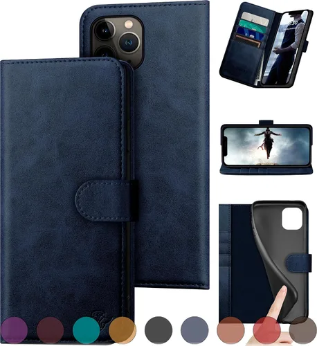 Vista 11 de DuckSky Funda tipo cartera de piel auténtica para iPhone 11 Pro con bloqueo RFID, 4 tarjeteros de crédito. Cuero auténtico. Funda protectora