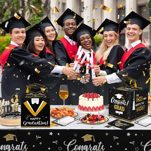 Vista 5 de Funrous Caja grande para tarjetas de graduación 2026 en negro y dorado con 30 piezas de tarjetas de consejos, caja de dinero, caja de dinero