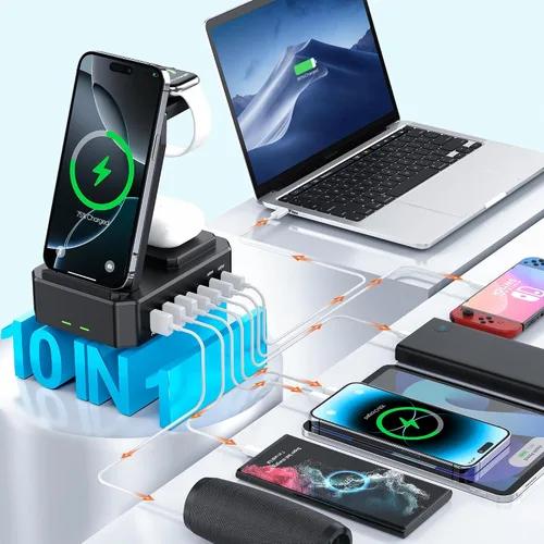 Vista 3 de Estación de carga de 300W para múltiples dispositivos Apple, cargador inalámbrico 10 en 1 para iPhone, soporte de carga rápida PD 65W USB C GaN III