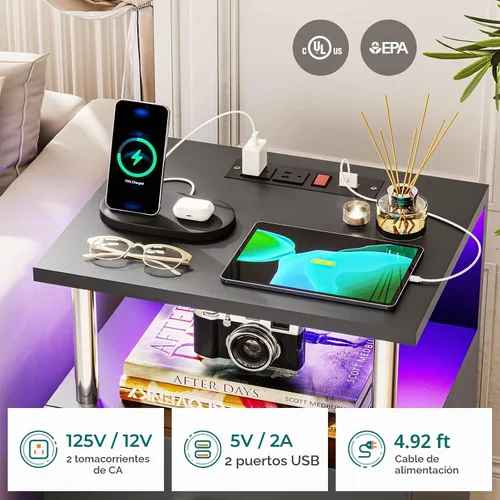 Vista 5 de VIAGDO - Mesa de noche negra con estación de carga y puertos USB, mesa de noche LED con 2 cajones, mesas de cabecera modernas con almacenamiento
