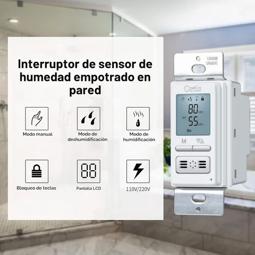 Vista 2 de [Nueva generación] Interruptor de sensor de humedad, interruptor de control automatizado para ventilador de baño en la pared, detección de humedad