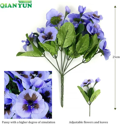 Vista 2 de Flores falsas pansy, flores silvestres pequeñas, margaritas de plástico sintético moradas para el hogar, boda, cocina, jardín, centros de mesa