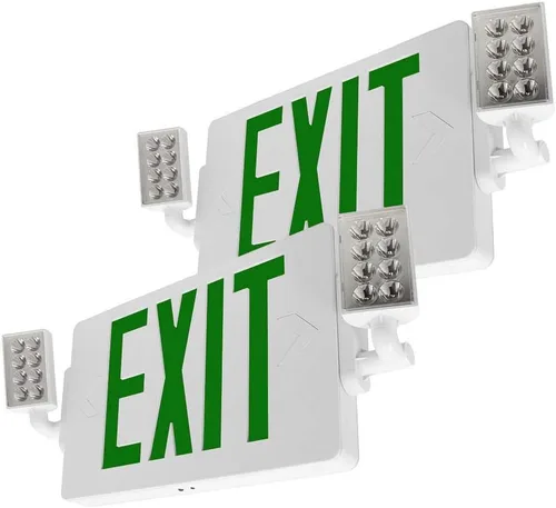 Vista 7 de LFI Lights Thin COMBO UL 924 Listed, LED verde, señal de salida con luces de emergencia, blanco, 120-277 VCA cableada con batería de respaldo, doble
