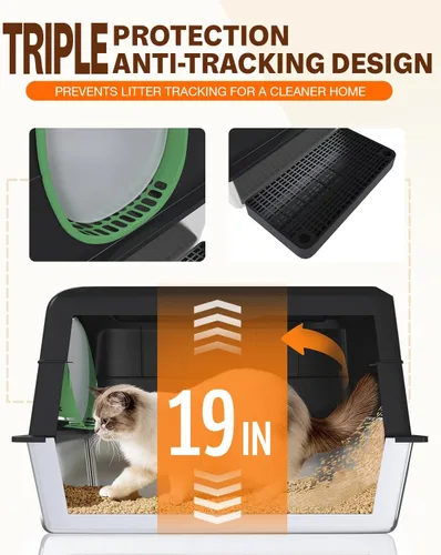 Vista 7 de Caja de arena XL de acero inoxidable para gatos con tapa, diseño cerrado de entrada superior, caja de arena grande de metal para gatos equipada