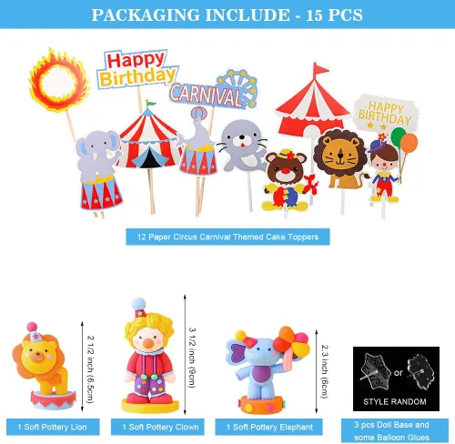 Vista 6 de Juego de 15 adornos para tartas de circo, decoración de cupcakes con temática de carnaval de circo, payaso, elefante, figuras de león, decoración
